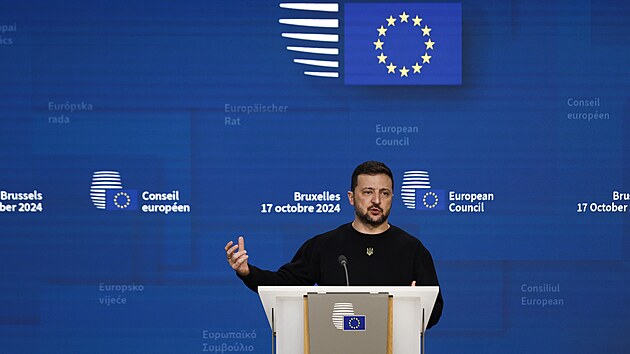 Ukrajinsk� prezident Volodymyr Zelenskyj na tiskov� konferenci po jedn�n� Evropsk� rady (17. ��jna 2024)