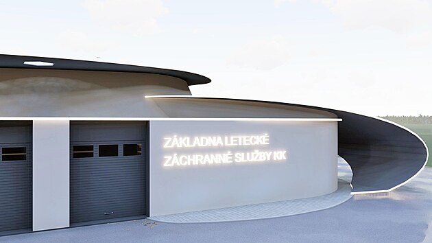 Vizualizace budouc podoby zkladny leteck zchrann sluby Karlovarskho kraje. Sdlo bude mt v arelu karlovarskho letit.