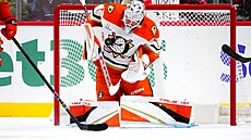 Luká Dostál z Anaheim Ducks zasahuje v zápase s Colorado Avalanche.
