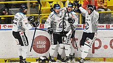 Vítkovití hokejisté slaví gól v Litvínov.