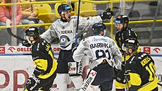 Vítkovití hokejisté slaví gól v Litvínov.