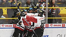 Hokejisté Sparty se radují ze vstelené branky.
