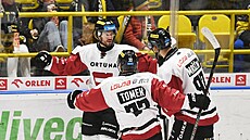 Hokejisté Sparty slaví gól úto�níka Tomá�e Hyky (�elem k objektivu).