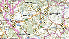 Mapa uzavírek v Karlovarském kraji kv�li silnému v�tru.(10. �ijna 2024)