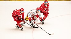 Hradecký úto�ník David ��astný se sna�í protáhnout mezi dv�ma t�ineckými...