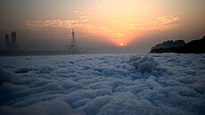 Toxická p�na na �ece Jamuna (17. �íjna 2024)