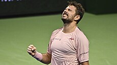 �výcarský tenisový matador Stan Wawrinka se raduje z výhry nad Andrej Rubljovem.