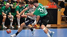 Daniel K�ístek (vpravo) z Karviné brání Kaye Smitse z z Flensburgu.