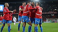 Radost eských fotbalist po gólu do sít Albánie.