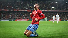 Tomá Chorý a jeho radost po druhém gólu do sít Albánie.