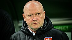 �eský trenér Ivan Ha�ek b�hem zápasu s Ukrajinou.
