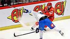 T�inecký obránce Jakub Je�ábek (v �erveném), který se na led vrátil po vá�ném...