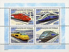 Vlaky TGV r�zných typ� na známkách �adské po�ty, na známce vlevo dole je...