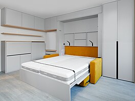 Spaní rodi�� vy�e�ili designé�i sklopnou postelí, nikoli rozkládací pohovkou.