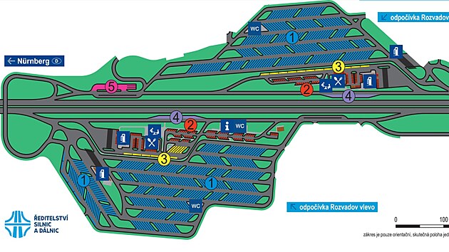 Dlnin odpovka u dlnice D5 nedaleko Rozvadova na Tachovsku, jak bude vypadat po pestavb v roce 2026. Vtina nepouvanch budov u la k zemi, msto nich budou parkovac stn. Oproti stvajcmu stavu se poet mst pro kamiony tm zdvojnsob. (29. jna 2024)