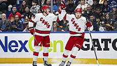 Martin Neas z Carolina Hurricanes slaví s Ericem Robinsonem trefu proti...