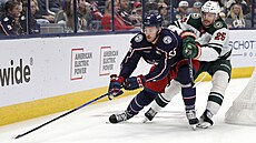 David Ji�í�ek z Columbus Blue Jackets sp�chá za kotou�em p�ed Jonesem Brodinem...
