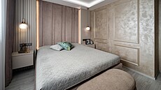 elo postele navrhly designérky a je oalounné sametem v odstínu taupe....