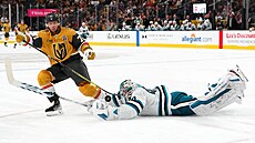 Branká San Jose Vítek Vanek se vrhá po puku, který sleduje také William...