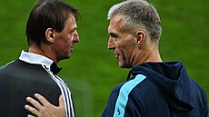 Karvinský trenér Martin Hyský (vpravo) a bud�jovický kou� Franti�ek Straka po...