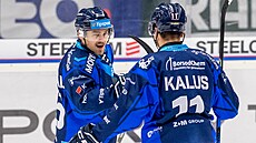 Hokejisté Vítkovic se radují z gólu v utkání proti Liberci.