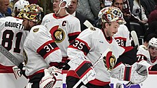 Ottawa Senators st�ídají branká�e, Linus Ullmark (vpravo) jde do hry, Anton...