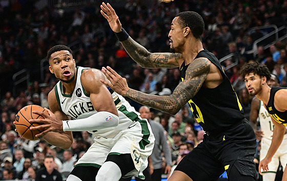 Janis Adetokunbo z Milwaukee si d�lá prostor ke st�ele, brání ho John Collins z...
