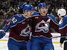 �eský úto�ník Ivan Ivan (vlevo) a Nathan MacKinnon )oslavují gól Colorada.