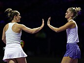 Gabriela Dabrowská a Erin Routliffová se povzbuzují bhem finále Turnaje...