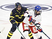 eská hokejistka Daniela Pejová (vpravo) útoí kolem Hanny Olssonové ze...