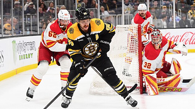 David Pastrk z Bostonu rozehrv v utkn proti Calgary. Za nm je Daniil Miromanov.