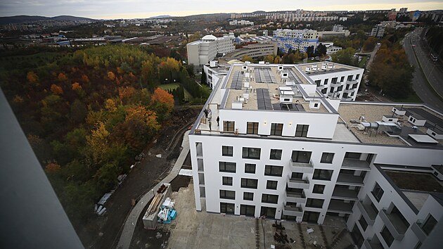 V brn�nsk�ch �ern�ch Pol�ch na t��d� Gener�la P�ky vyr�st� bytov� komplex Nad Arboretem, kter�mu v�vod� 54 metr� vysok� v�. V�e m� b�t hotov� na ja�e roku 2025. (��jen 2024)