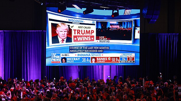 Příznivci se fotografují při volbě republikánského kandidáta na prezidenta Donalda Trumpa, během volební noci v Palm Beach na Floridě. (6. listopadu 2024)