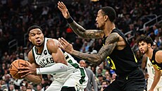 Janis Adetokunbo z Milwaukee si d�lá prostor ke st�ele, brání ho John Collins z...
