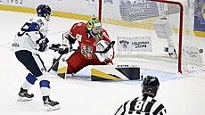 Finský hokejový útoník Toni Rajala (25) pekonává eského brankáe Jakuba...
