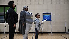 Amerití volii ve volební místnosti v Milwaukee ve Wisconsinu. (5. listopadu...