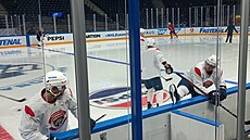 Sam Reinhart a Tomá Nosek se protahují ped tréninkem Floridy ve finském...