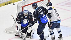 Plze�ský branká� Nick Malík vyrá�í puk za bránu v utkání proti Liberci.