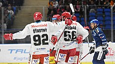 Hokejisté Hradce Králové slaví gól.