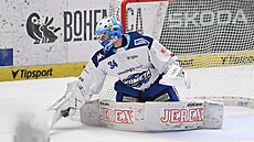 Branká� Michal Postava z Brna vyrá�í puk mimo ty�e.