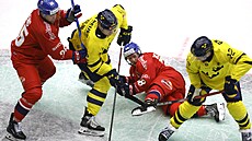 Radan Lenc (vlevo) a Petr Kodýtek bojují se �védy Maxem Fribergem a Christian...