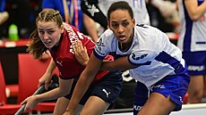 eská florbalistka Anna Brucháková (vlevo) v souboji s Yamou Njaiovou z Finska.