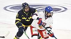 eská hokejistka Daniela Pejová (vpravo) útoí kolem Hanny Olssonové ze...