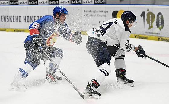 Jií Ticháek (vlevo) z Kladna stíhá Jana Schleisse z Plzn.