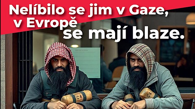 Vizuál, který za�alo pou�ívat opozi�ní hnutí SPD na sociálních sítích, zobrazuje dva mu�e s arabskými �átky a plastickou trhavino4