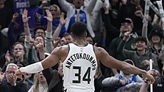 Janis Adetokunbo slaví proti Detroit Pistons.