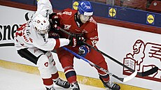 �eský úto�ník Radan Lenc bojuje o puk se �výcarem Inakim Baraganem.