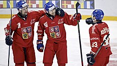 Michal Kunc (uprost�ed) p�ijímá gratulace k prvnímu gólu v reprezentaci.