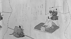 Rituální sebevrada znázornná na japonské malb z 19. století.