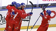 �e�tí hokejisté se radují z gólu proti �védsku.